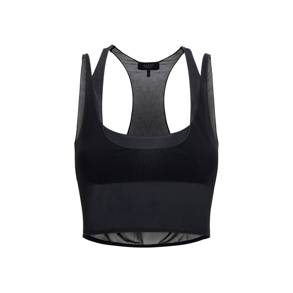 Blouse en viscose noire de Gucci, élégante et fluide, avec coupe classique et détails subtils visibles sur l'image.