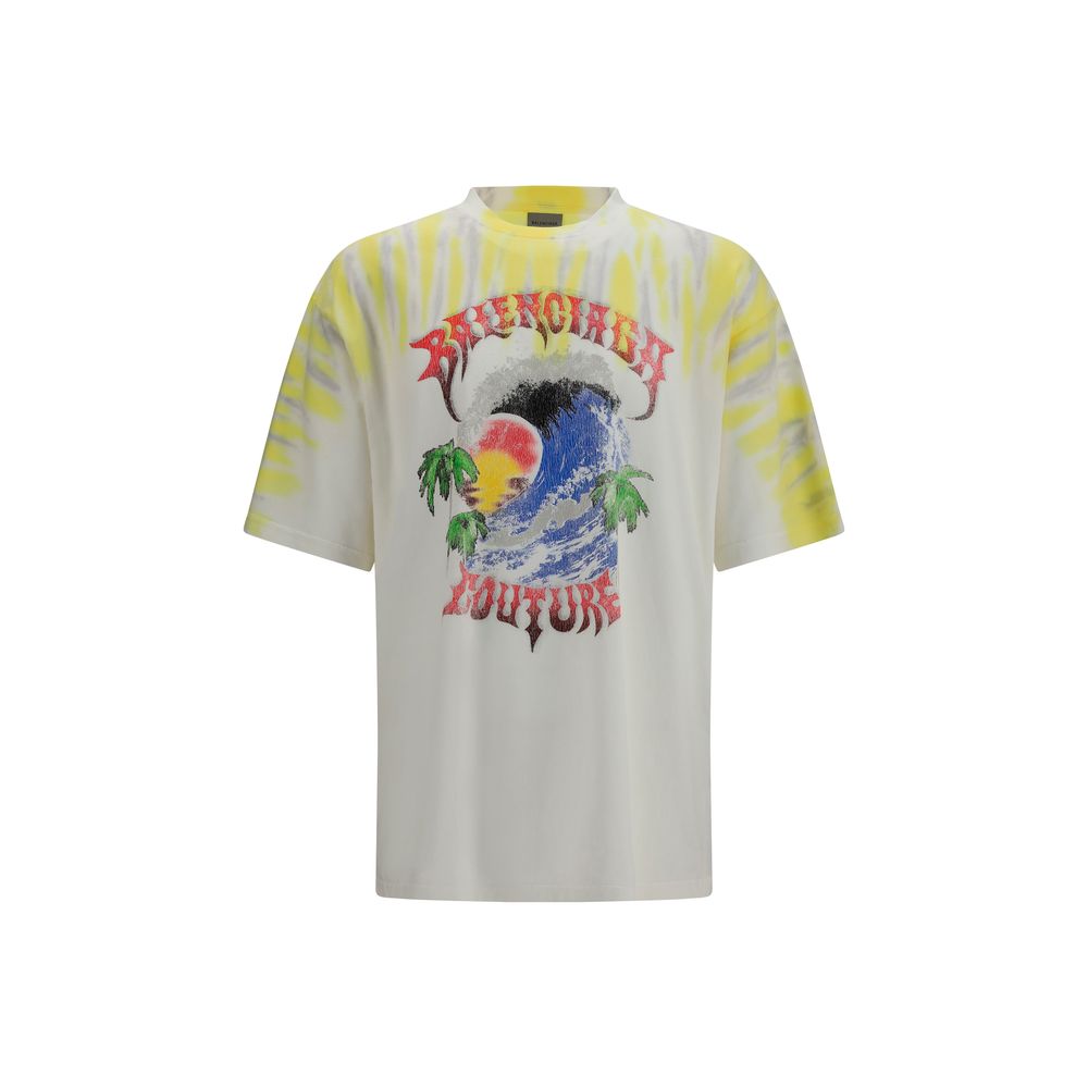 T-shirt en coton bicolore Balenciaga, coupe classique, avec logo discret, porté sur un mannequin blanc.