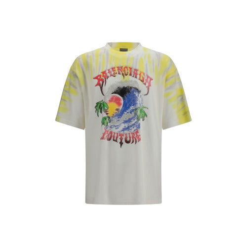 T-shirt en coton bicolore Balenciaga, coupe classique, avec logo discret, porté sur un mannequin blanc.