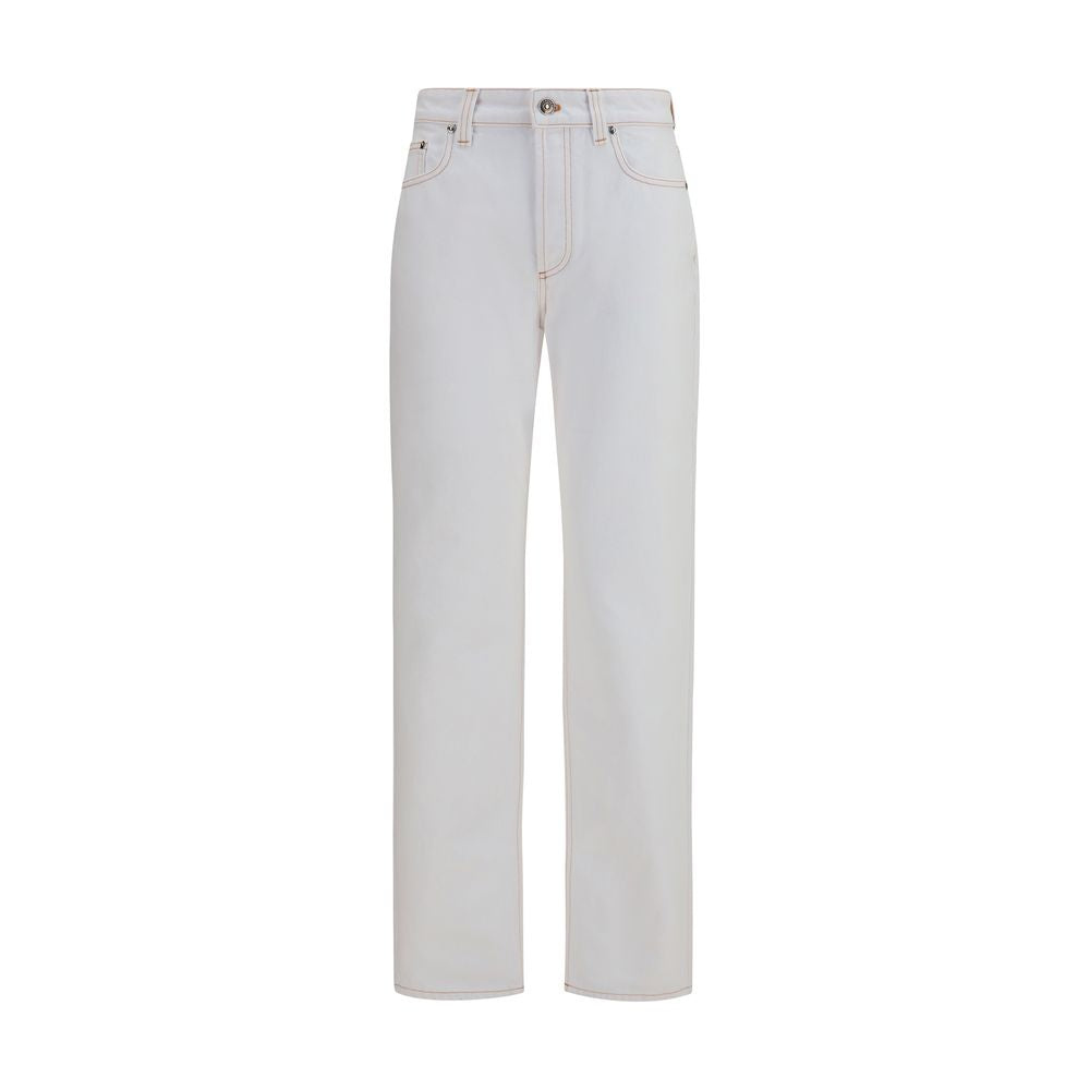 Jeans blancs en coton à taille haute de la marque Versace, vue de face avec détails de couture et coupe tendance.