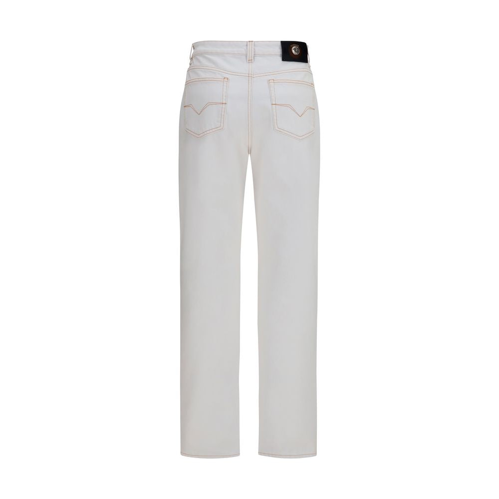 Jean blanc en coton à taille haute de la marque Versace, coupe élégante avec détails de luxe.