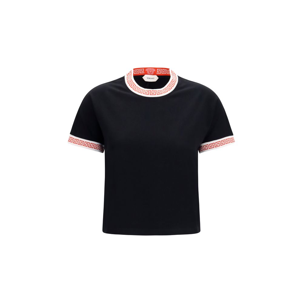 T-shirt en coton noir de la marque Versace, coupe classique, avec logo distinctif sur la poitrine.