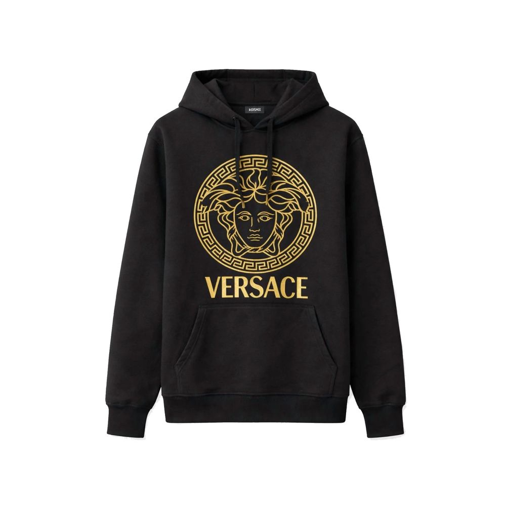 Sweat à capuche en coton noir de la marque Versace, vue de face avec logo distinctif sur la poitrine.