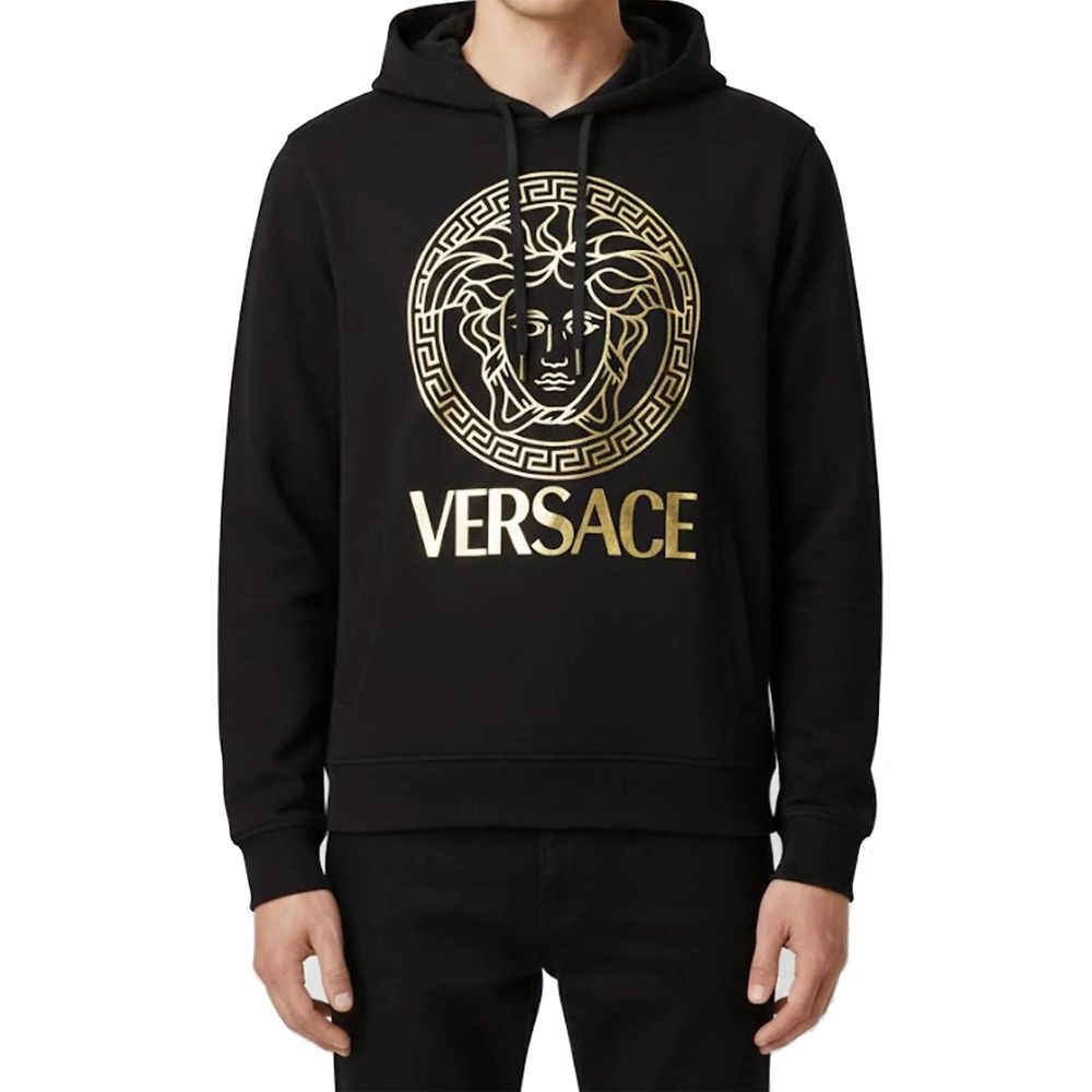Sweat à capuche noir en coton de la marque Versace, avec logo iconique visible sur le devant.