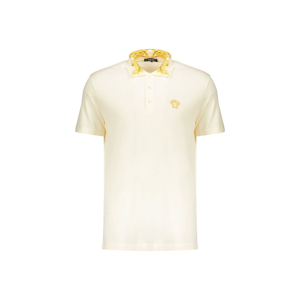 Chemise polo bicolore en coton de la marque Versace, avec logo distinctif, visible en image.