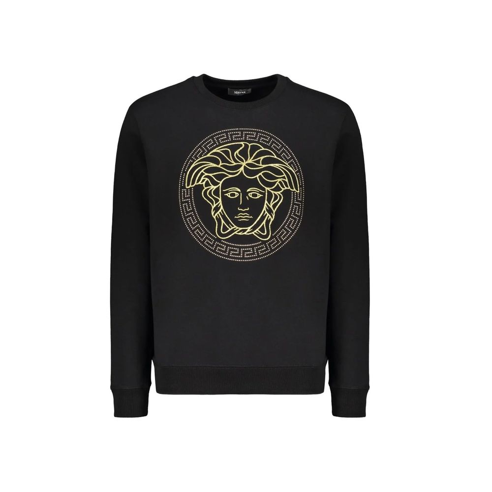 Sweatshirt en coton noir de Versace, style décontracté, avec logo emblématique visible sur le devant.