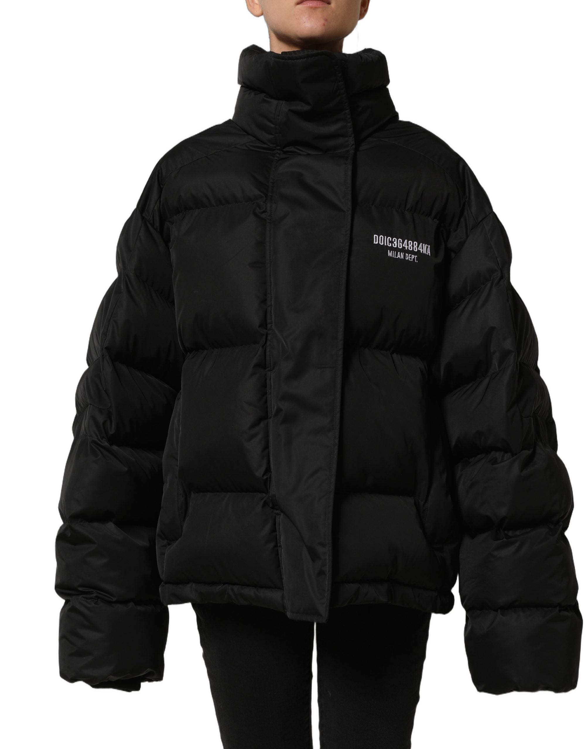 Veste matelassée noire Dolce & Gabbana DGVIB3 avec broderies, style rembourré chaud et tendance, vue de face.