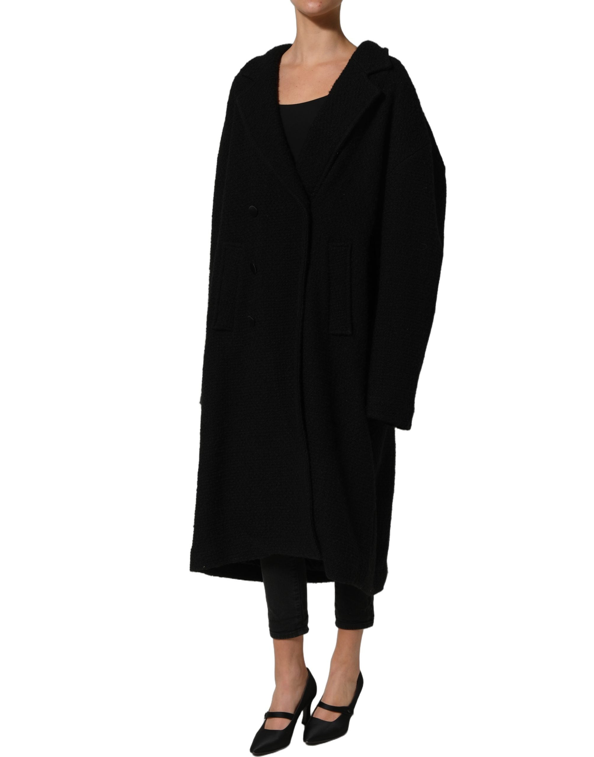 Manteau trench noir pour homme de Dolce & Gabbana, double boutonnage et coupe élégante, en tissu élégant et classique.