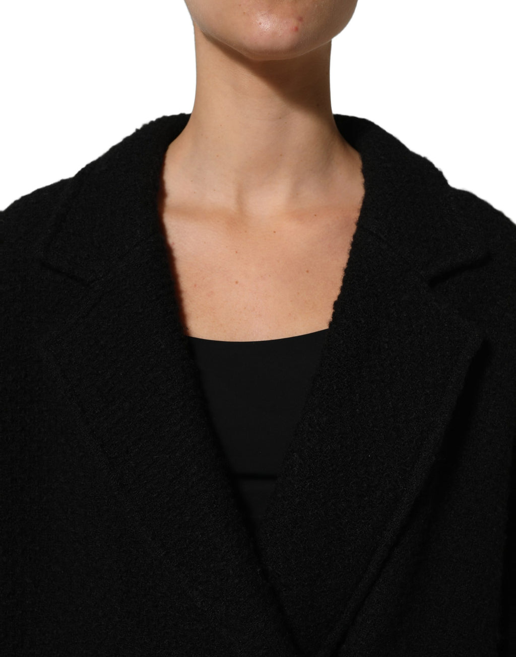 Manteau trench homme noir à double boutonnage Dolce & Gabbana, veste élégante avec col et détails sophistiqués.