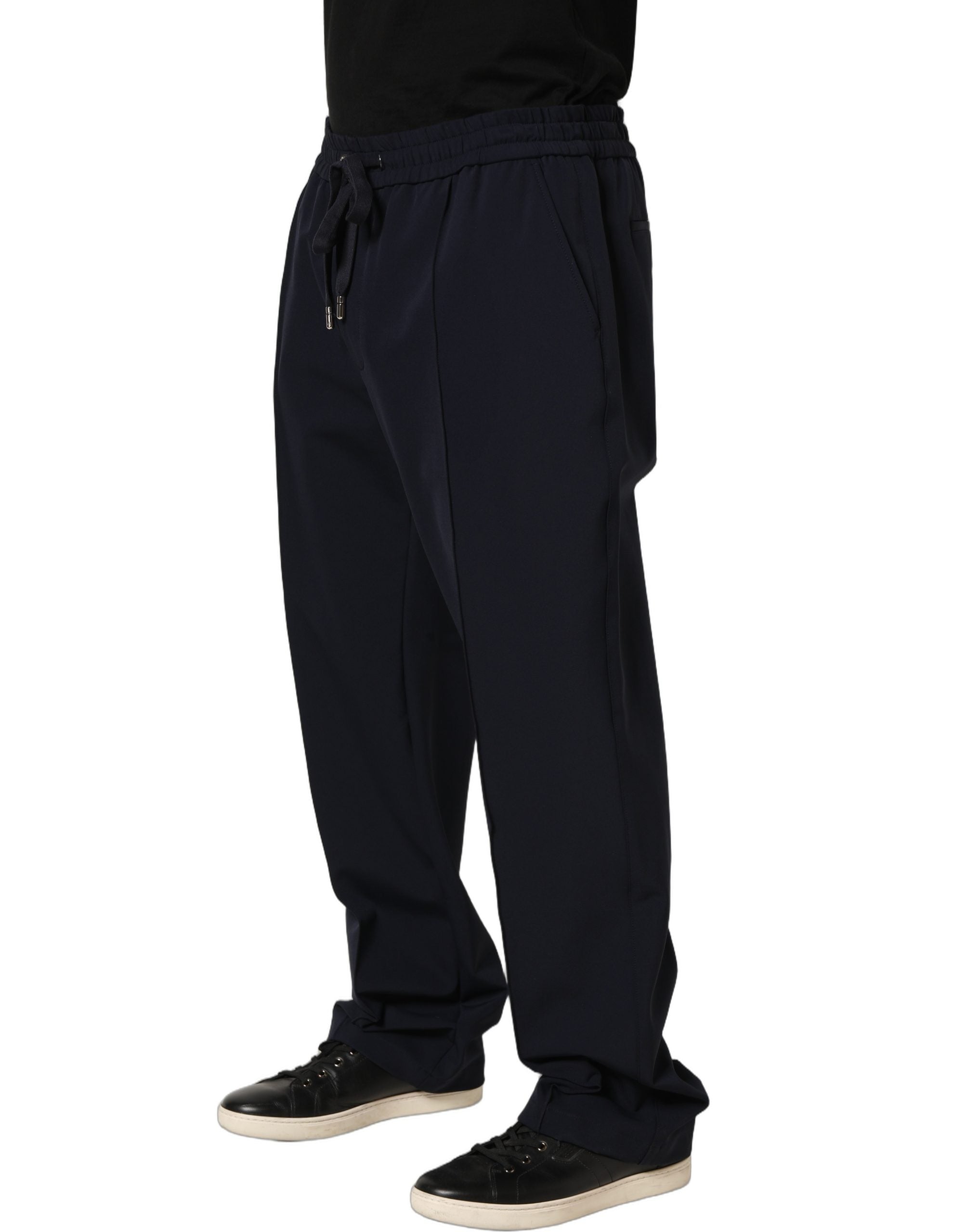 Pantalons de jogging en nylon bleu foncé Dolce & Gabbana avec cordon de serrage, style décontracté et confortable.