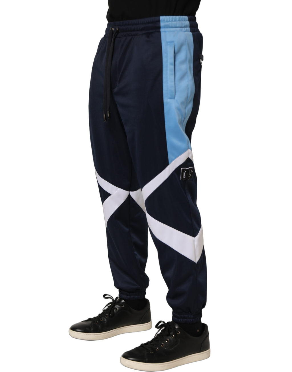 Pantalon de jogging Dolce & Gabbana bleu et blanc avec cordon de serrage, style décontracté et confortable.