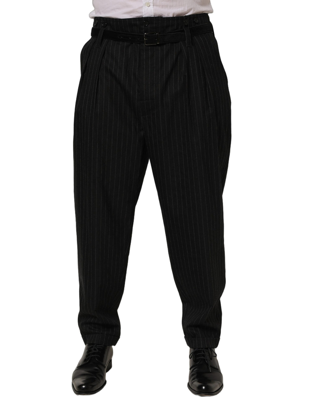 Pantalon homme Dolce & Gabbana en laine noire à rayures fines, pantalon de costume élégant et classique.