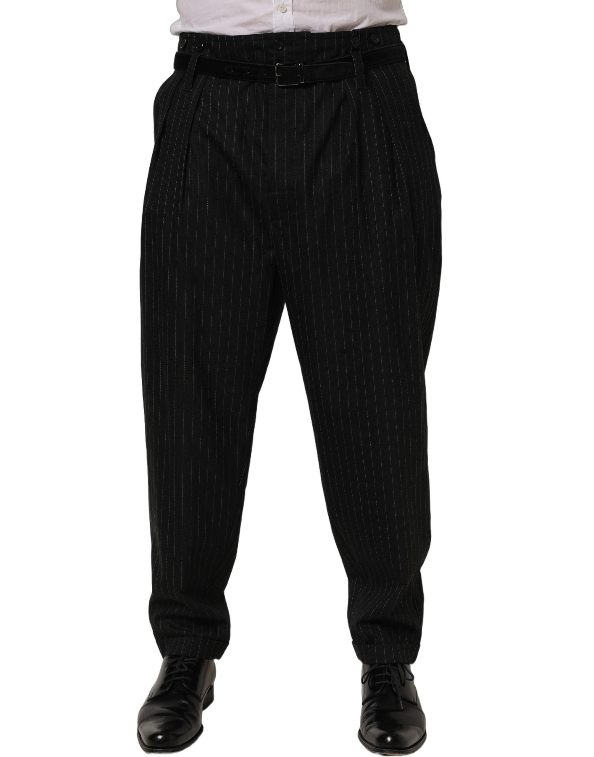 Pantalon homme Dolce & Gabbana en laine noire à rayures fines, pantalon de costume élégant et classique.