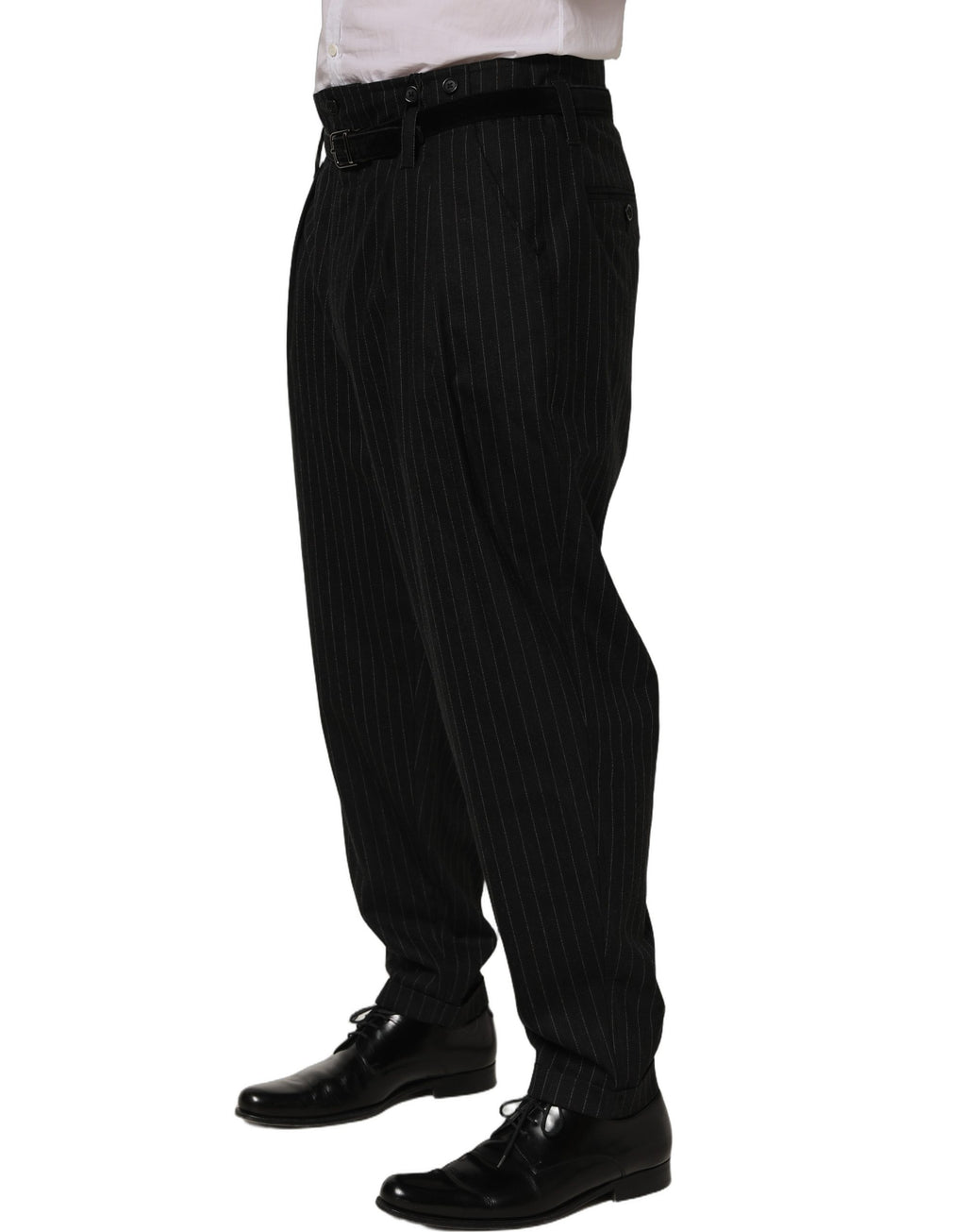 Pantalon homme Dolce & Gabbana en laine noire à rayures fines, pantalon de costume élégant et ajusté.