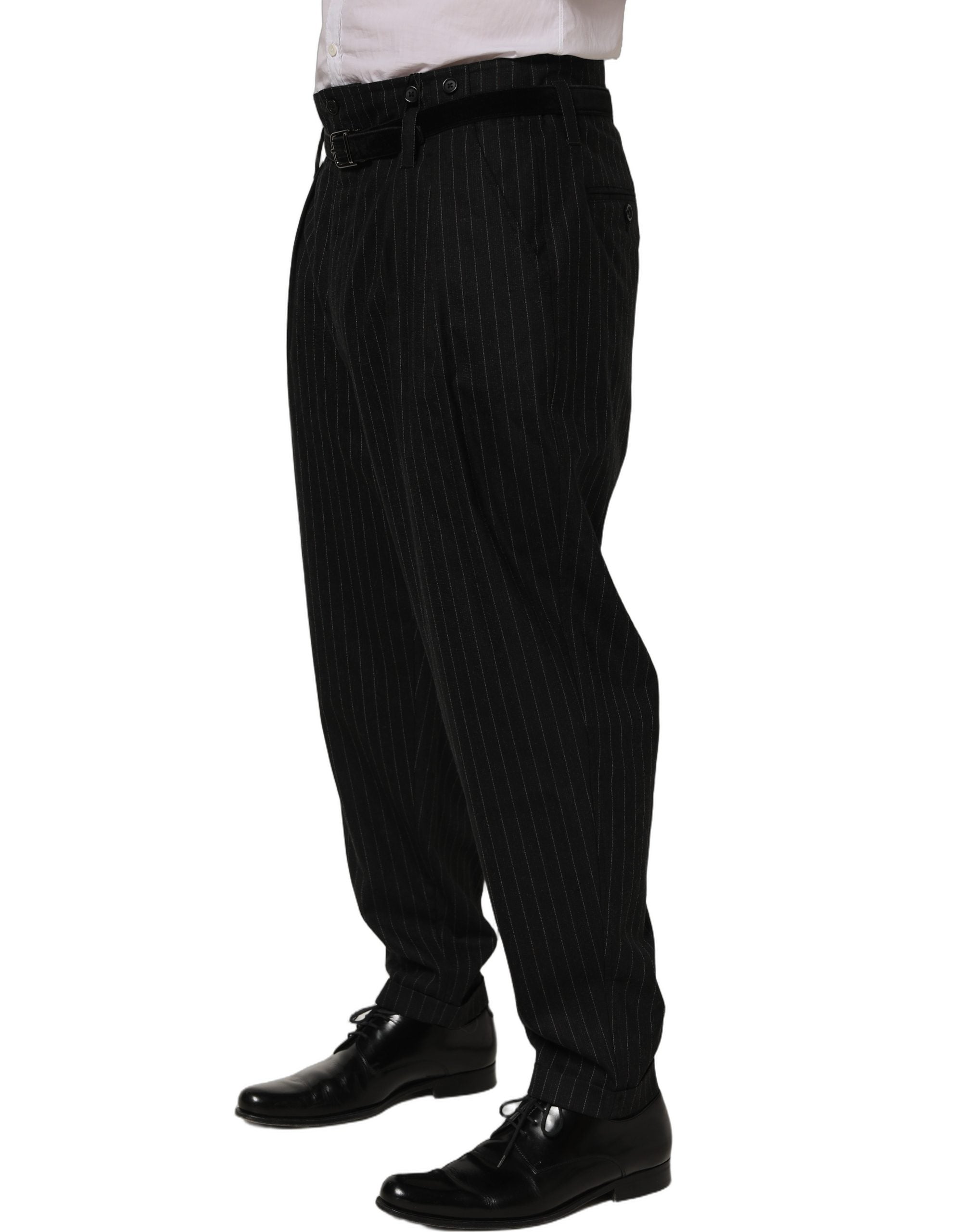 Pantalon homme Dolce & Gabbana en laine noire à rayures fines, pantalon de costume élégant et ajusté.