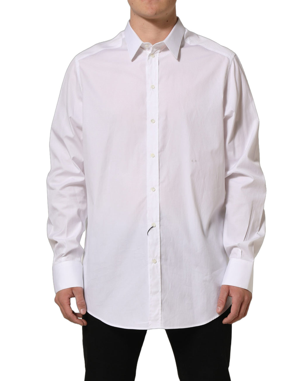 Chemise homme Dolce & Gabbana en coton blanc à manches longues, élégante et classique, détails en tissu raffiné visible.