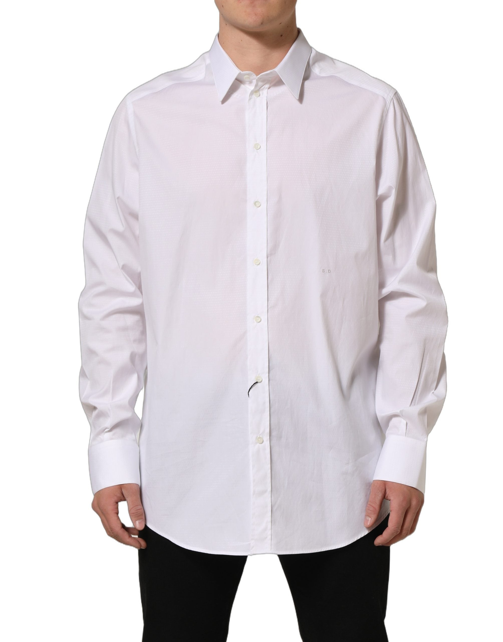 Chemise homme Dolce & Gabbana en coton blanc à manches longues, élégante et classique, détails en tissu raffiné visible.
