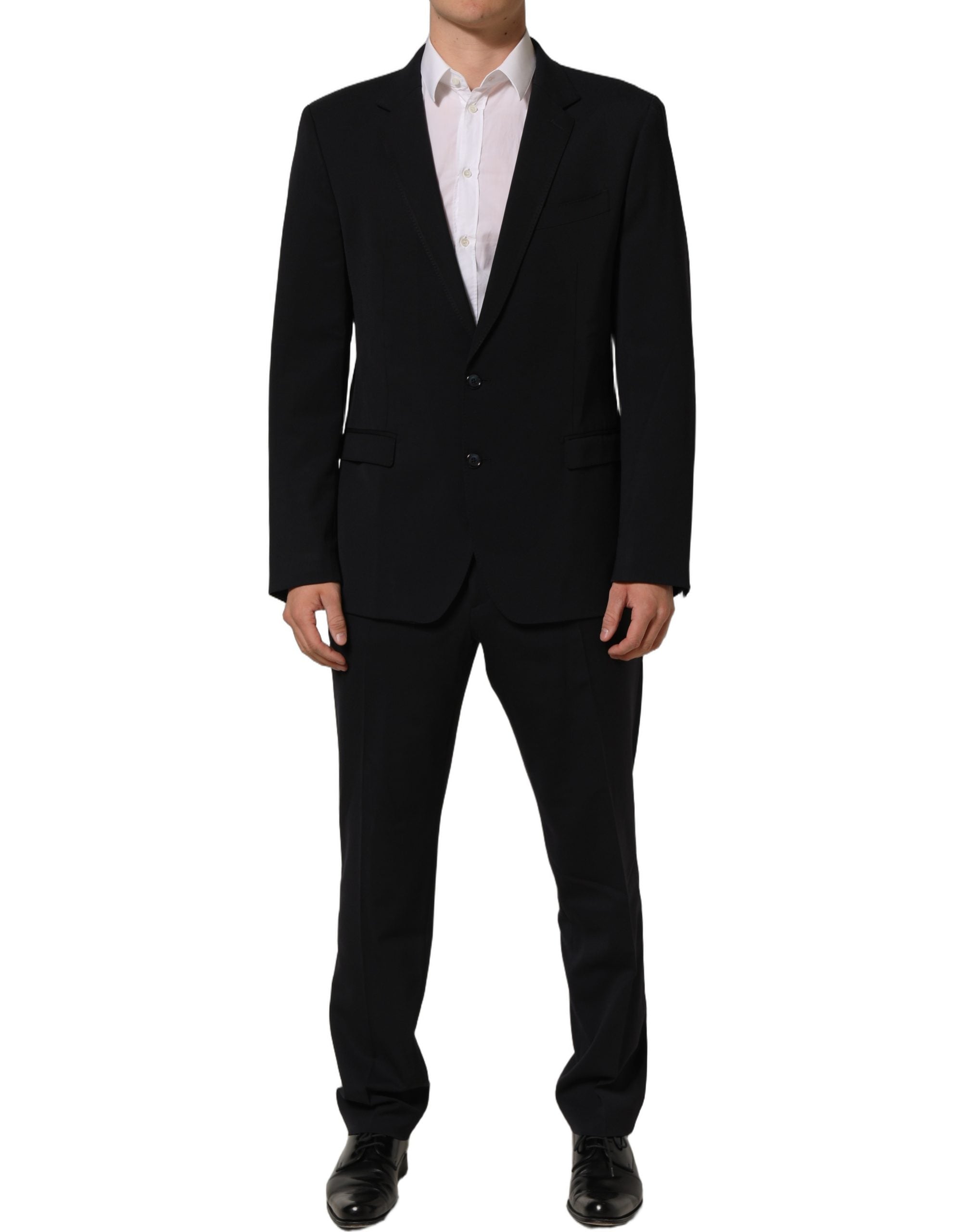 Costume homme deux pièces en laine noire Dolce & Gabbana, costume formel slim fit avec veste et pantalon.