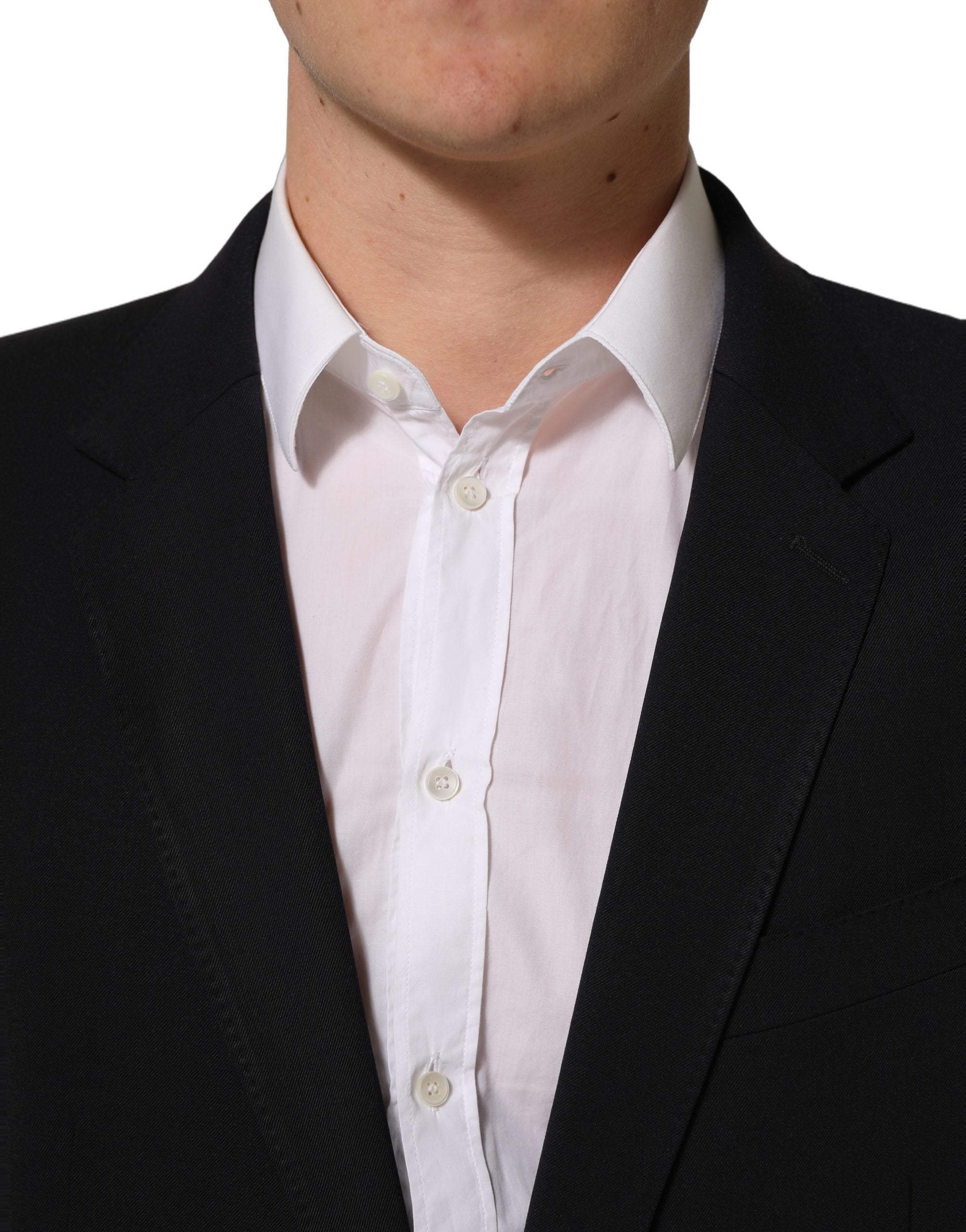 Costume homme en laine noire Dolce & Gabbana, costume deux pièces slim fit formel avec veste et pantalon élégant.