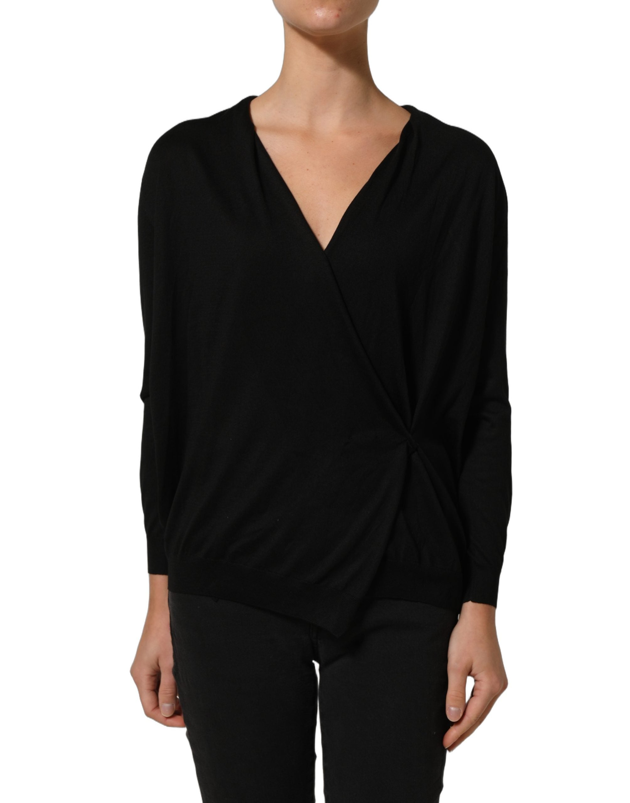 Chemise en soie noire Dolce & Gabbana à manches longues avec drapé, élégante blouse sophistiquée pour femme.