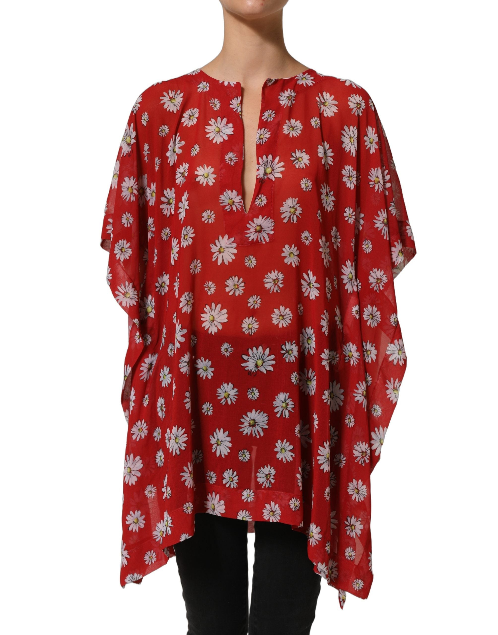 Blouse Dolce & Gabbana en polyester rouge à fleurs, coupe kaftan avec col en V, manches longues et style fluide.