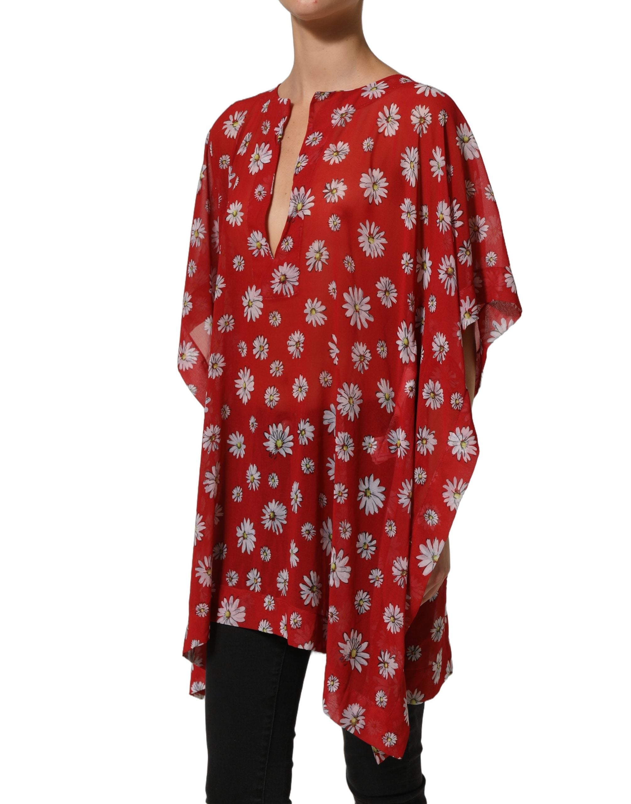 Blouse Dolce & Gabbana en polyester rouge avec motif floral, coupe en V, style kaftan élégant et fluide.
