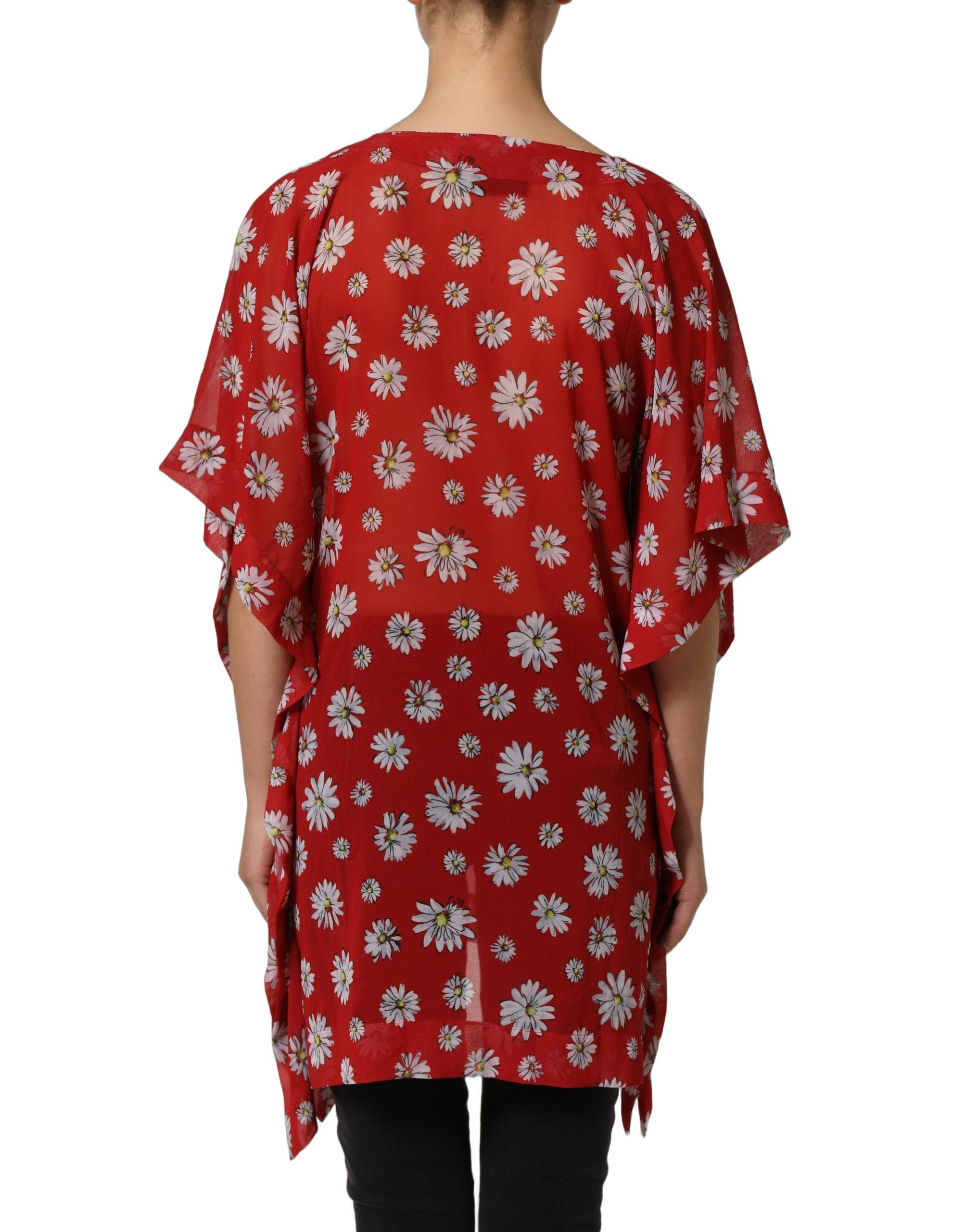 Blouse Dolce & Gabbana en polyester rouge à fleurs, encolure en V, style caftan léger et élégant, portée décontractée ou sophistiquée.