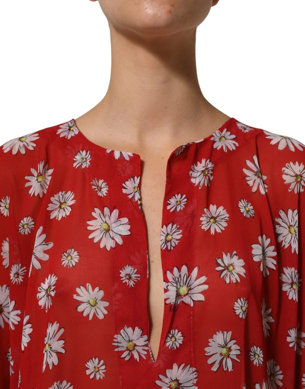 Blouse Dolce & Gabbana en polyester rouge à motif floral, style kaftan avec décolleté en V et coupe fluide.