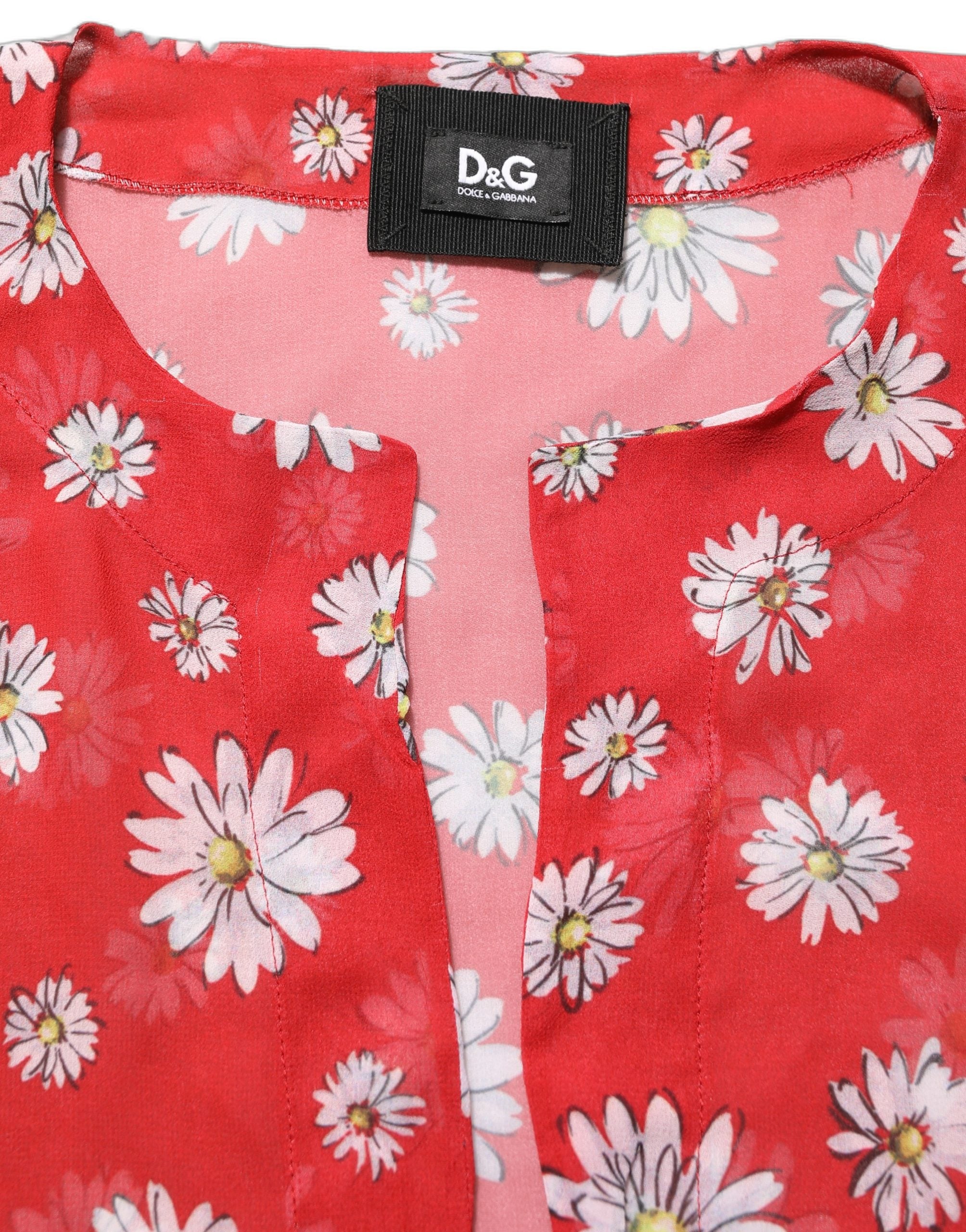 Blouse Dolce & Gabbana en polyester rouge à fleurs, style kaftan avec col en V, vêtement élégant pour femme.