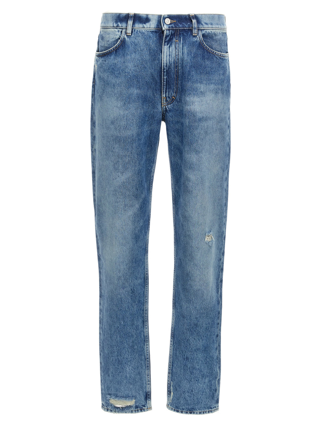 Jeans droits en coton bleu Givenchy, style classique, visible sur un mannequin avec détails de couture et poches avant.