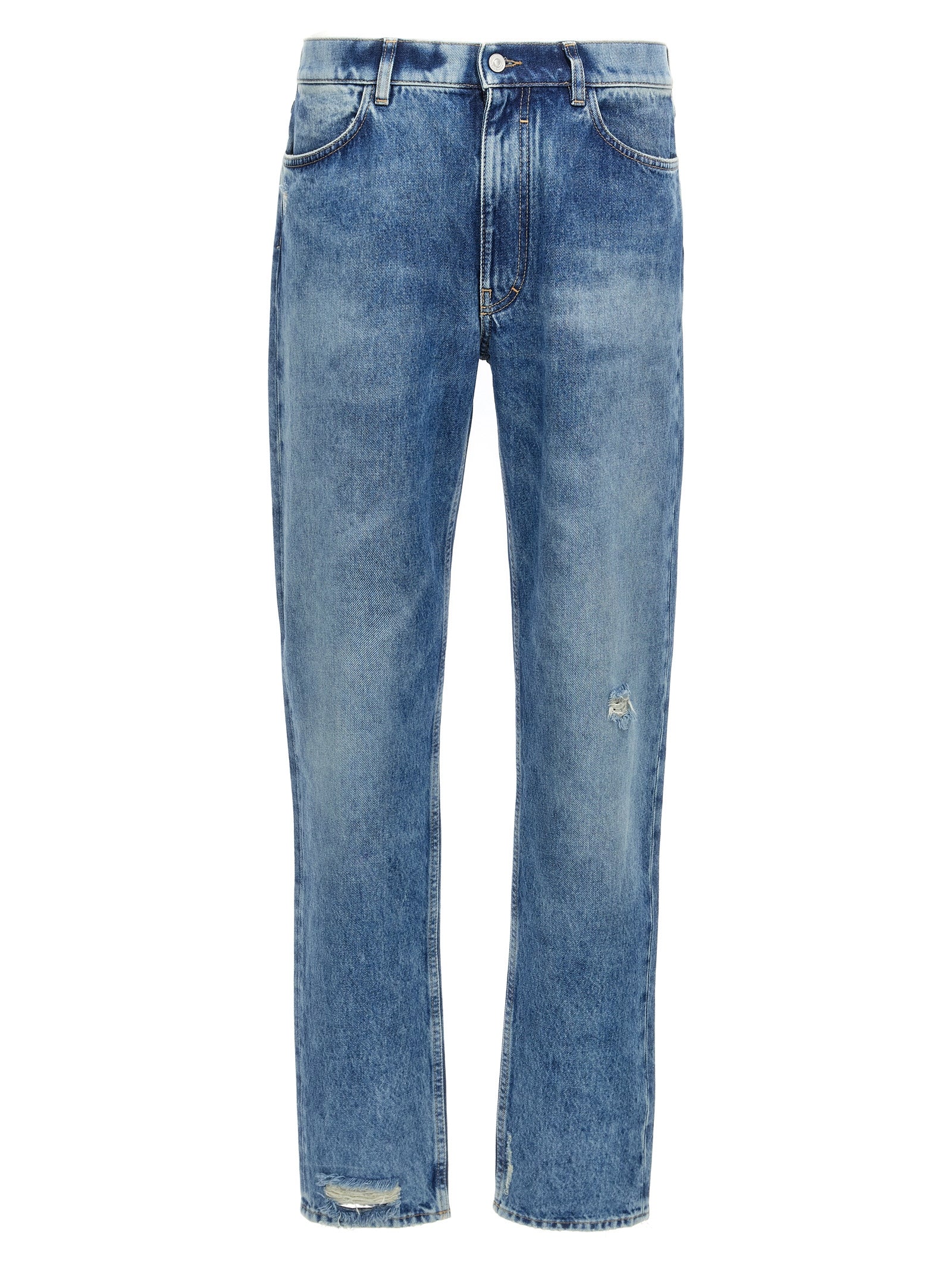 Jeans droits en coton bleu Givenchy, style classique, visible sur un mannequin avec détails de couture et poches avant.