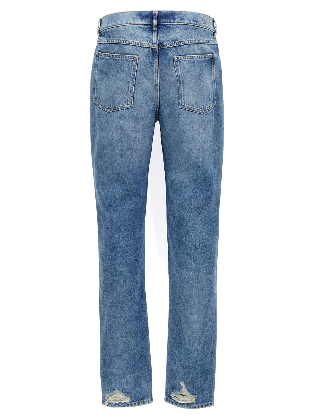 Jeans droits en coton bleu Givenchy, style classique, avec ceinture et poches visibles sur l'image.