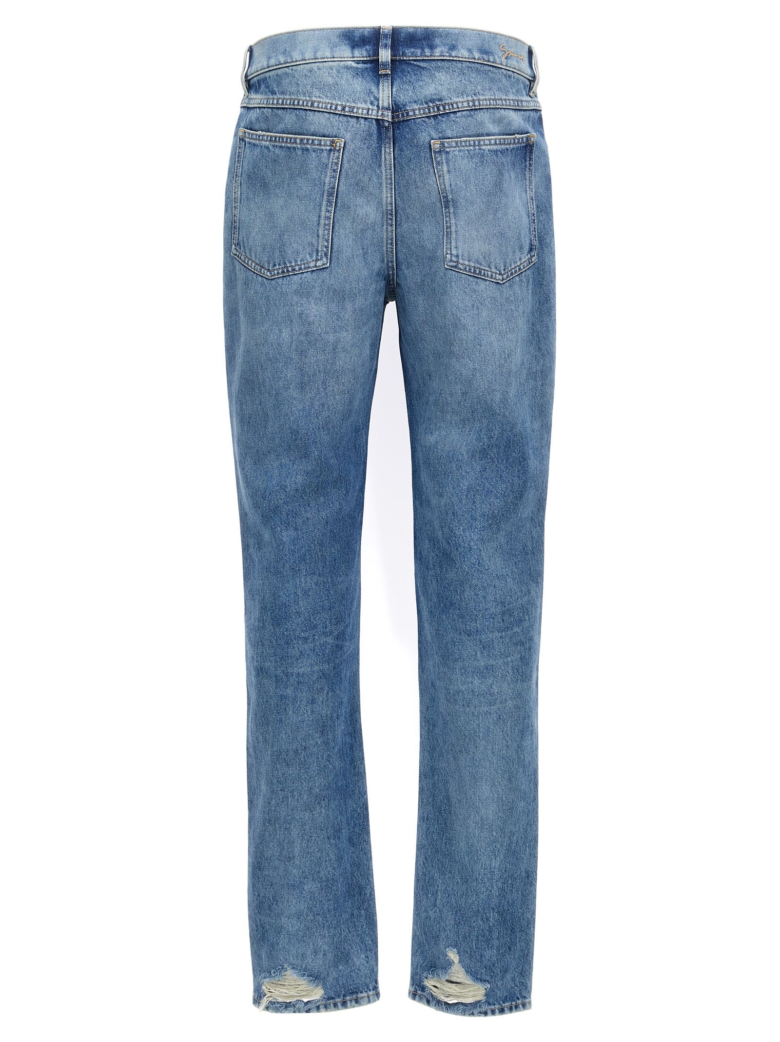Jeans droits en coton bleu Givenchy, style classique, avec ceinture et poches visibles sur l'image.