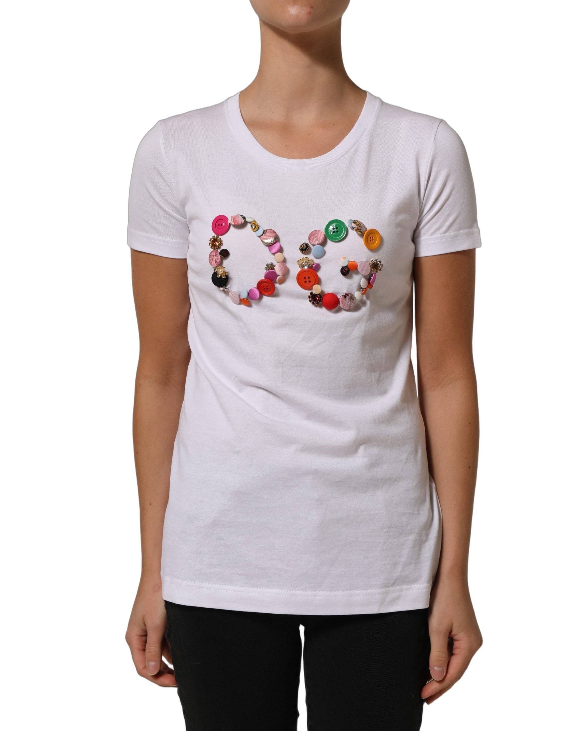 T-shirt blanc Dolce & Gabbana avec logo DG orné d’un col rond, tissu en coton, style élégant et décontracté.