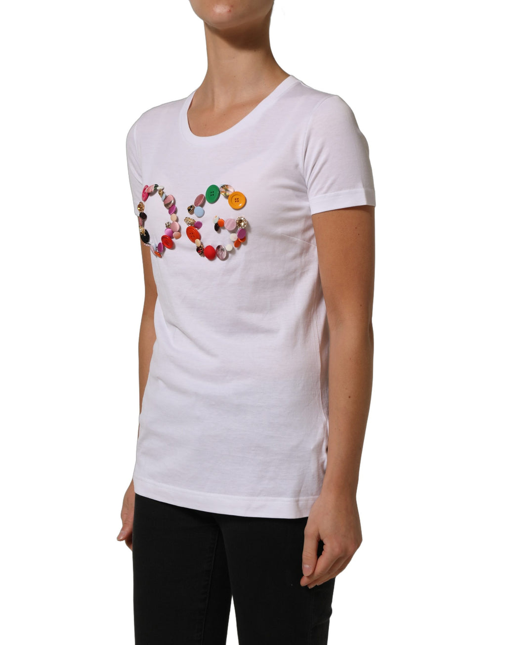 T-shirt blanche Dolce & Gabbana avec logo DG orné d'un col rond et embellissements visibles sur l'image.