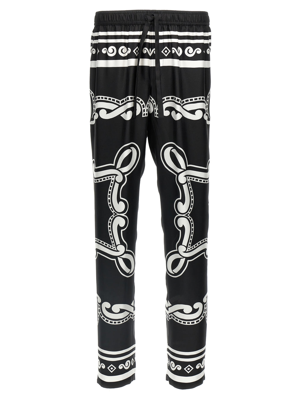 Pantalons décontractés en soie bicolore Dolce & Gabbana avec coupe élégante et détails modernes, vue de face sur fond neutre.