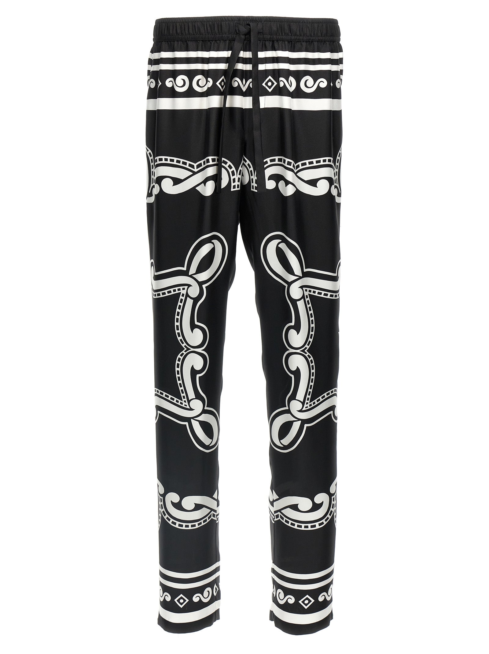 Pantalons décontractés en soie bicolore Dolce & Gabbana avec coupe élégante et détails modernes, vue de face sur fond neutre.