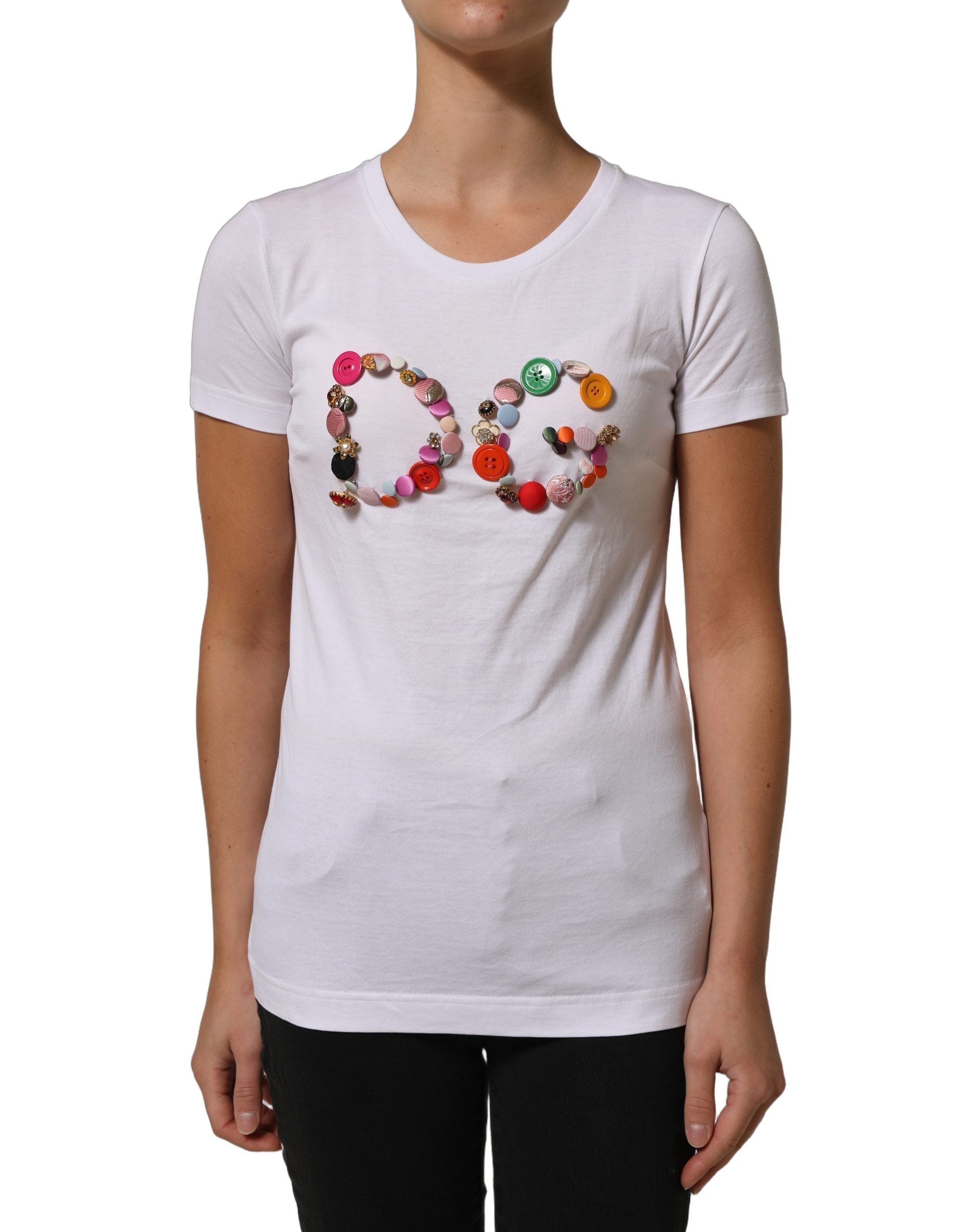 T-shirt blanc Dolce & Gabbana avec logo DG orné d’un col rond, logo brodé en évidence, tissu doux et confortable.