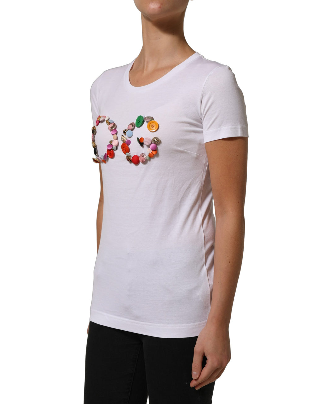 T-shirt blanche Dolce & Gabbana avec logo DG orné d'empiècements en relief et col rond, vue de face.