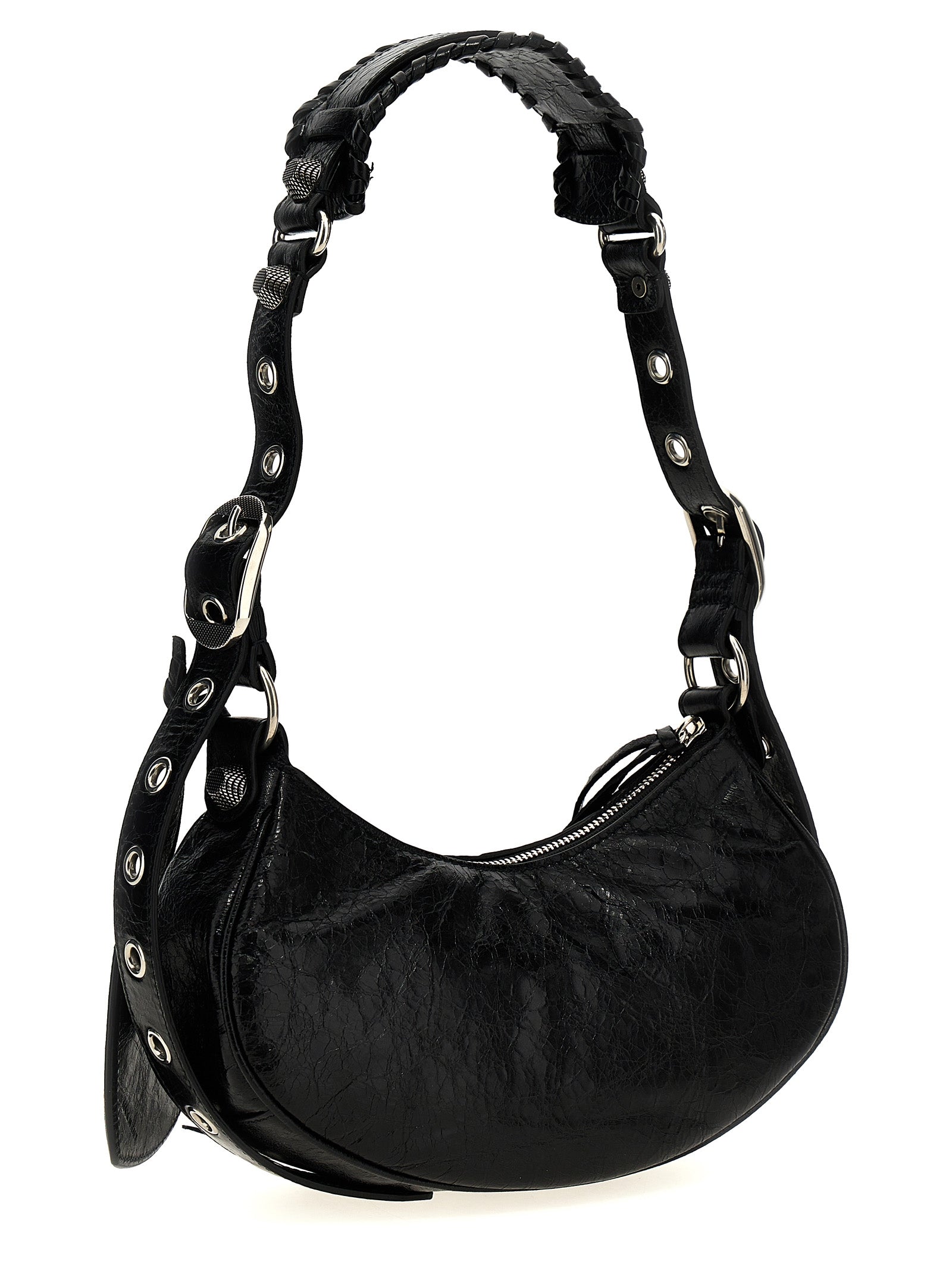 Sac bandoulière Balenciaga en cuir d'agneau noir, élégant et sophistiqué, avec détails modernes et finition de haute qualité.