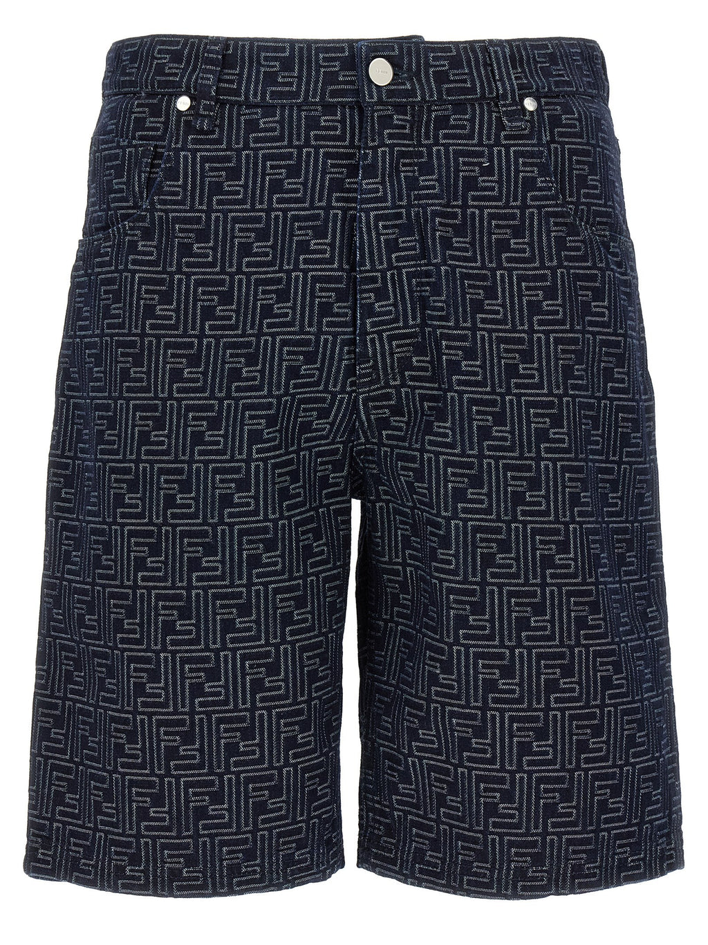 Shorts bermuda en coton bleu de la marque Fendi, vue de face, avec logo Fendi visible sur le côté.