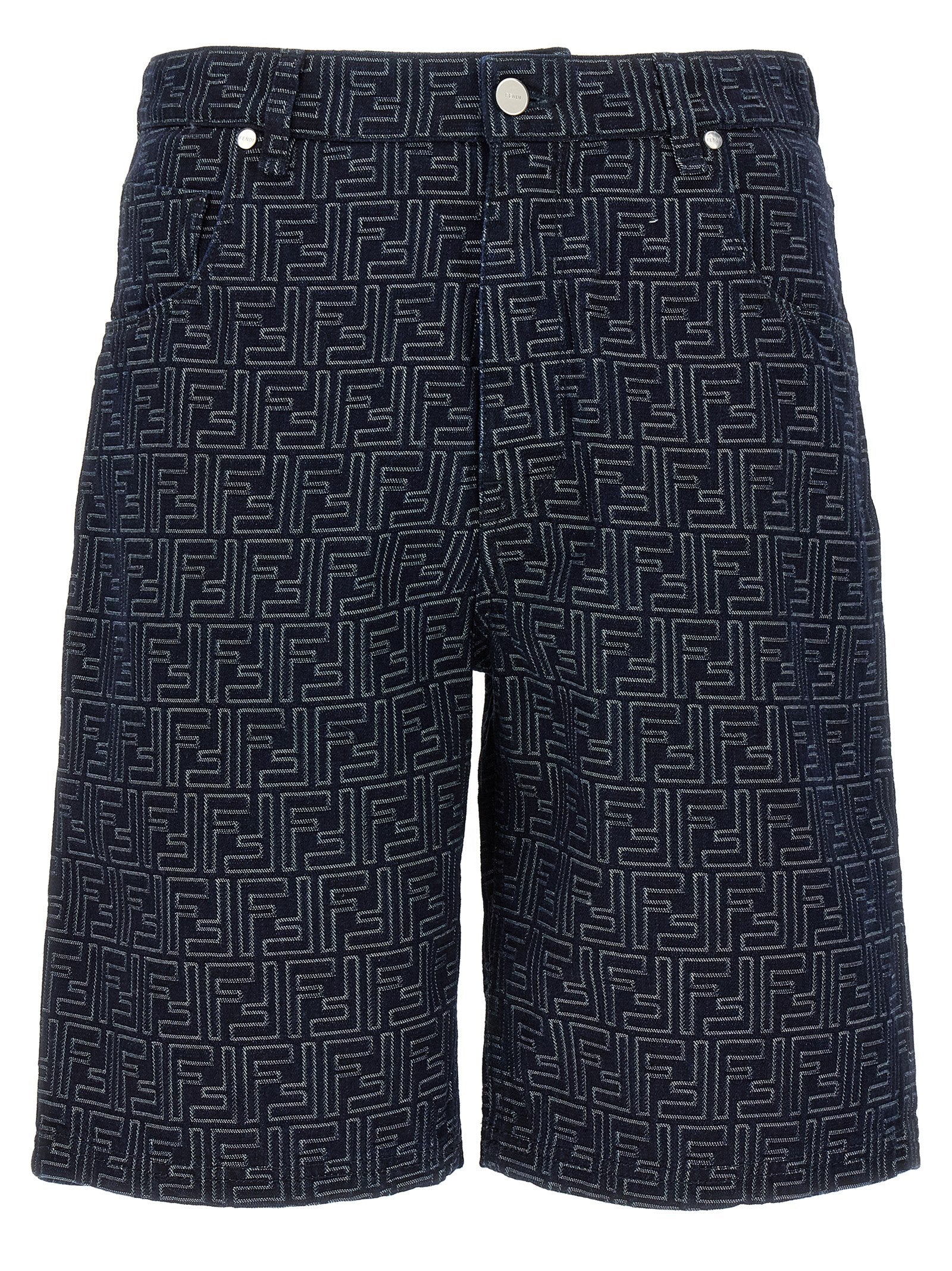 Shorts bermuda en coton bleu de la marque Fendi, vue de face, avec logo Fendi visible sur le côté.