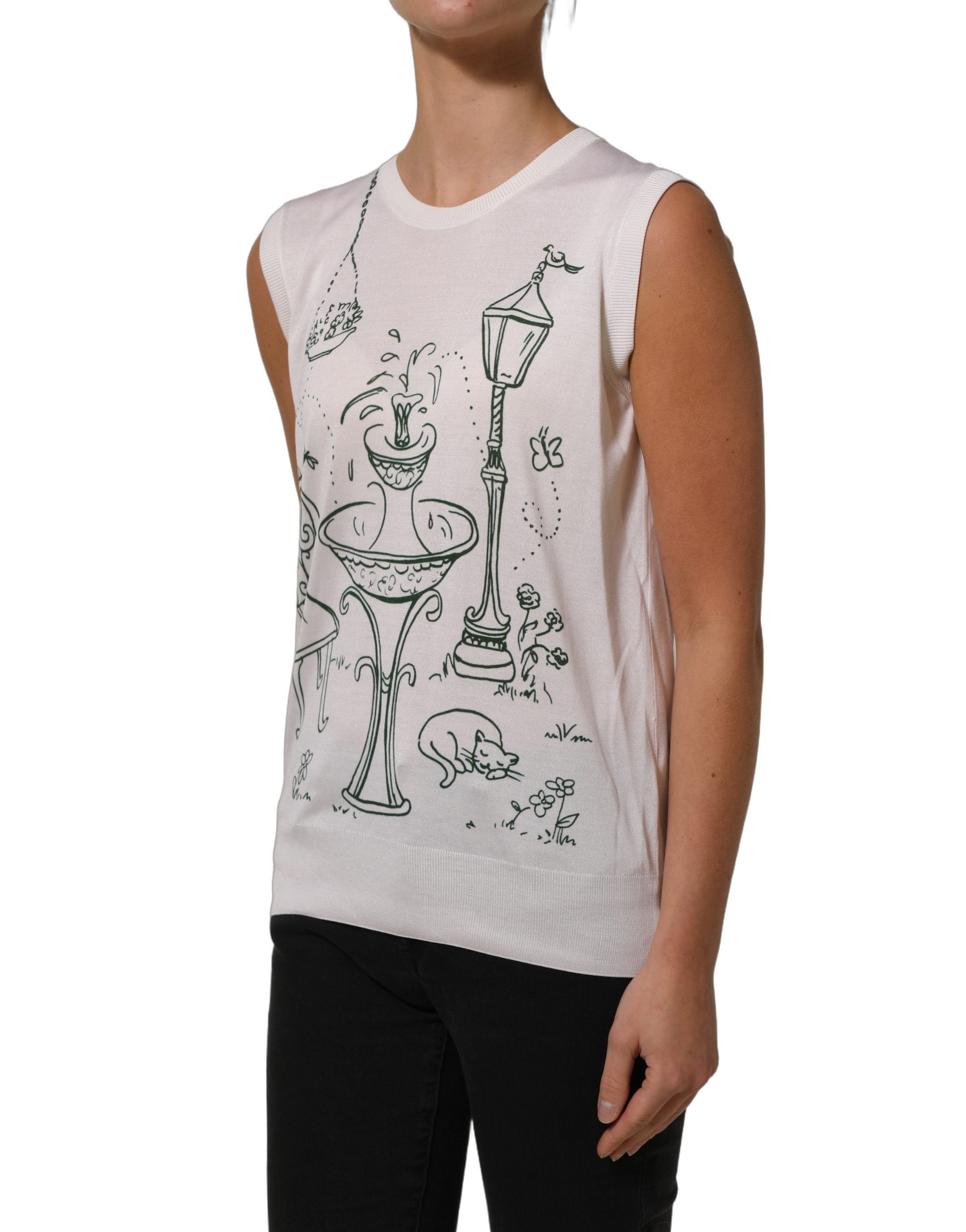 Débardeur en soie blanc Dolce & Gabbana avec imprimé jardin et fontaine, tissu léger et élégant.