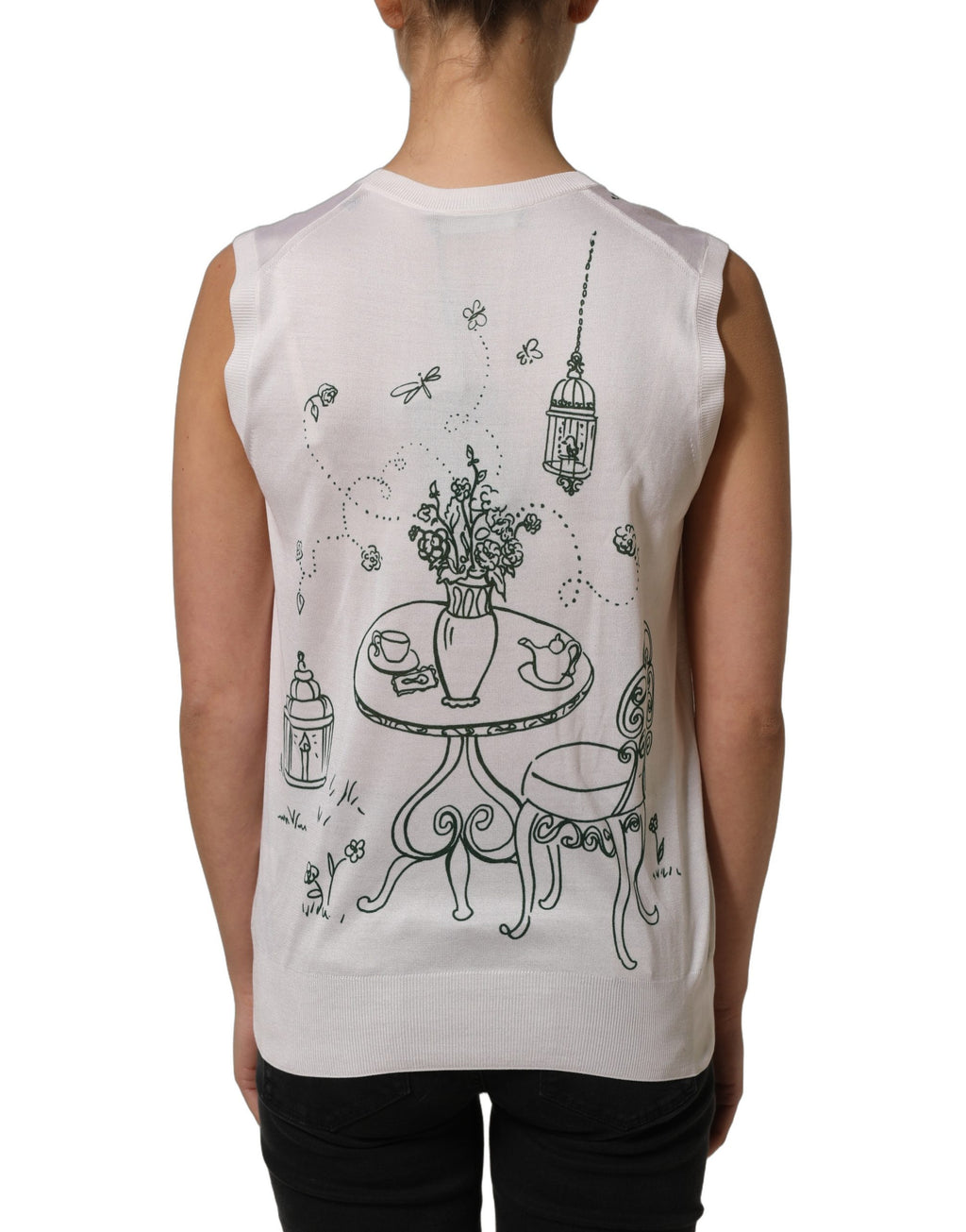 T-shirt blanc en soie de Dolce & Gabbana avec motif jardin et fontaine, en tricot léger, pour un style élégant et sophistiqué.