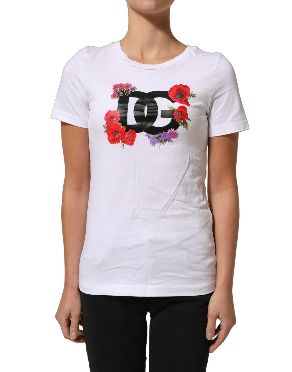T-shirt blanc Dolce & Gabbana en coton avec logo floral, col rond, design élégant et décontracté.