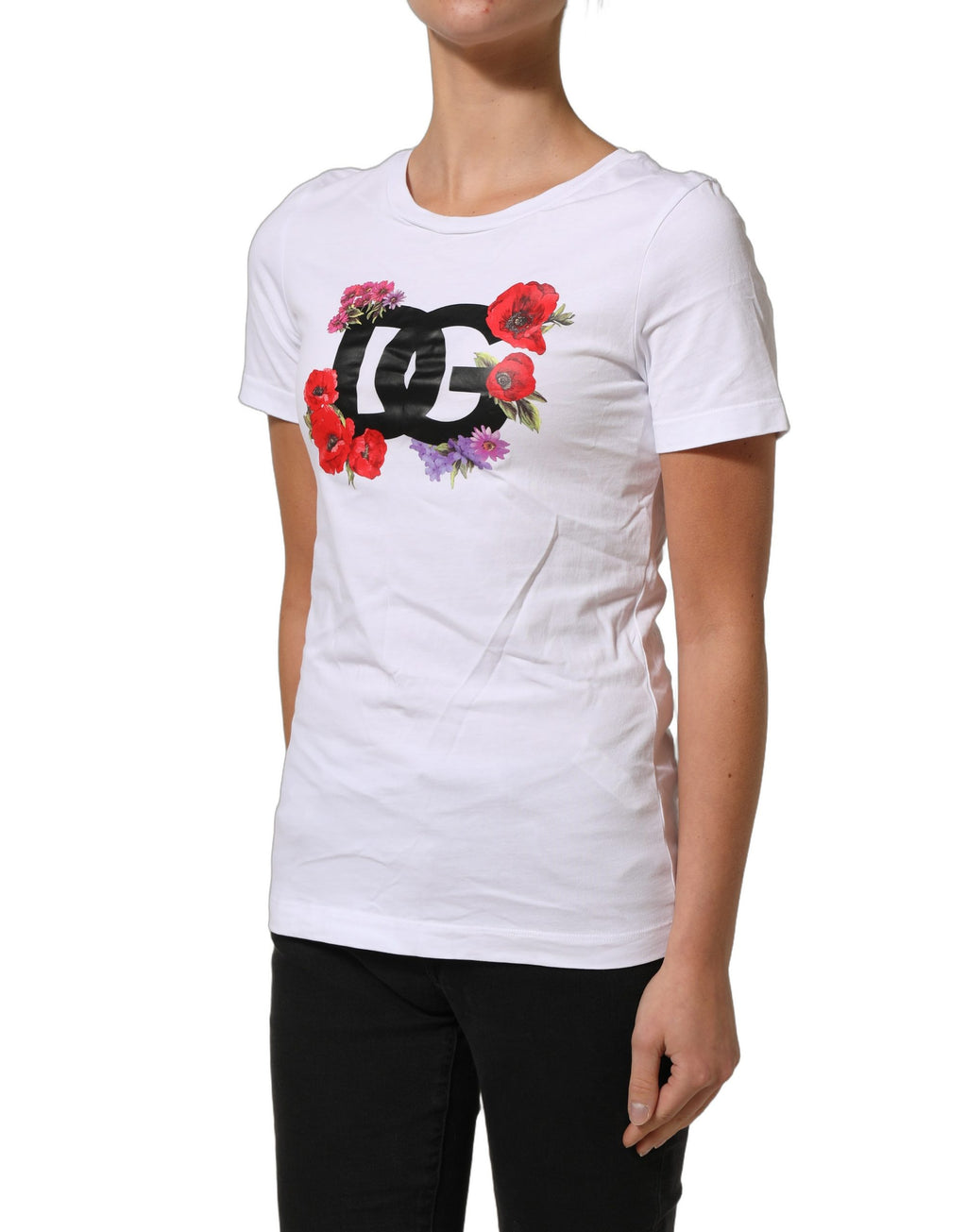 T-shirt blanc Dolce & Gabbana en coton avec logo floral, col rond, design élégant et moderne.