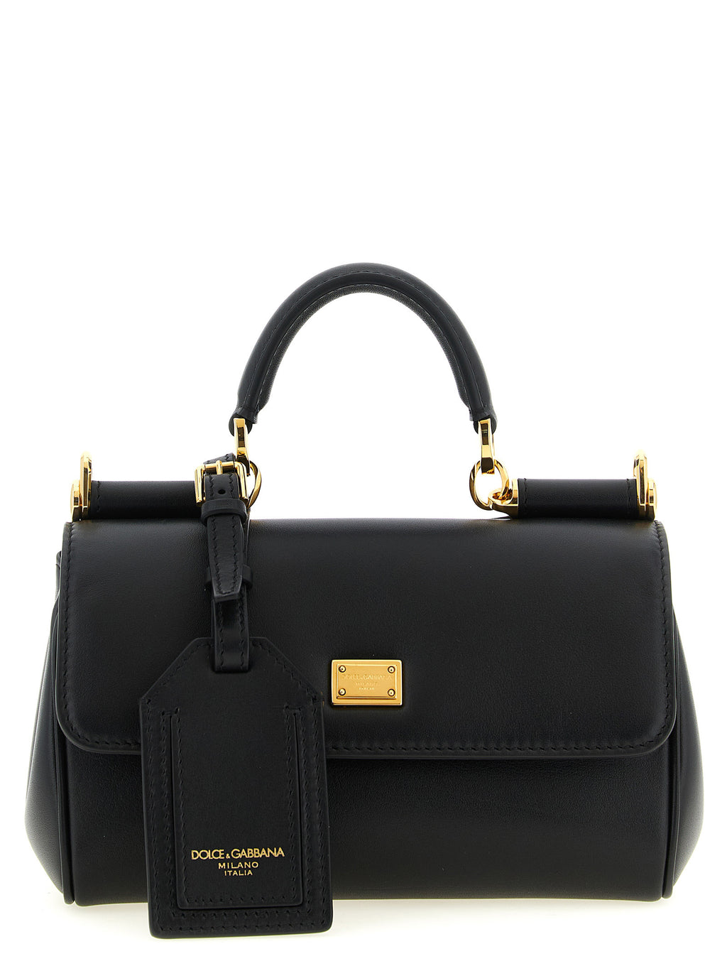 Sac à main Dolce & Gabbana en cuir de veau noir, élégance classique avec détails sophistiqués visible sur l'image.