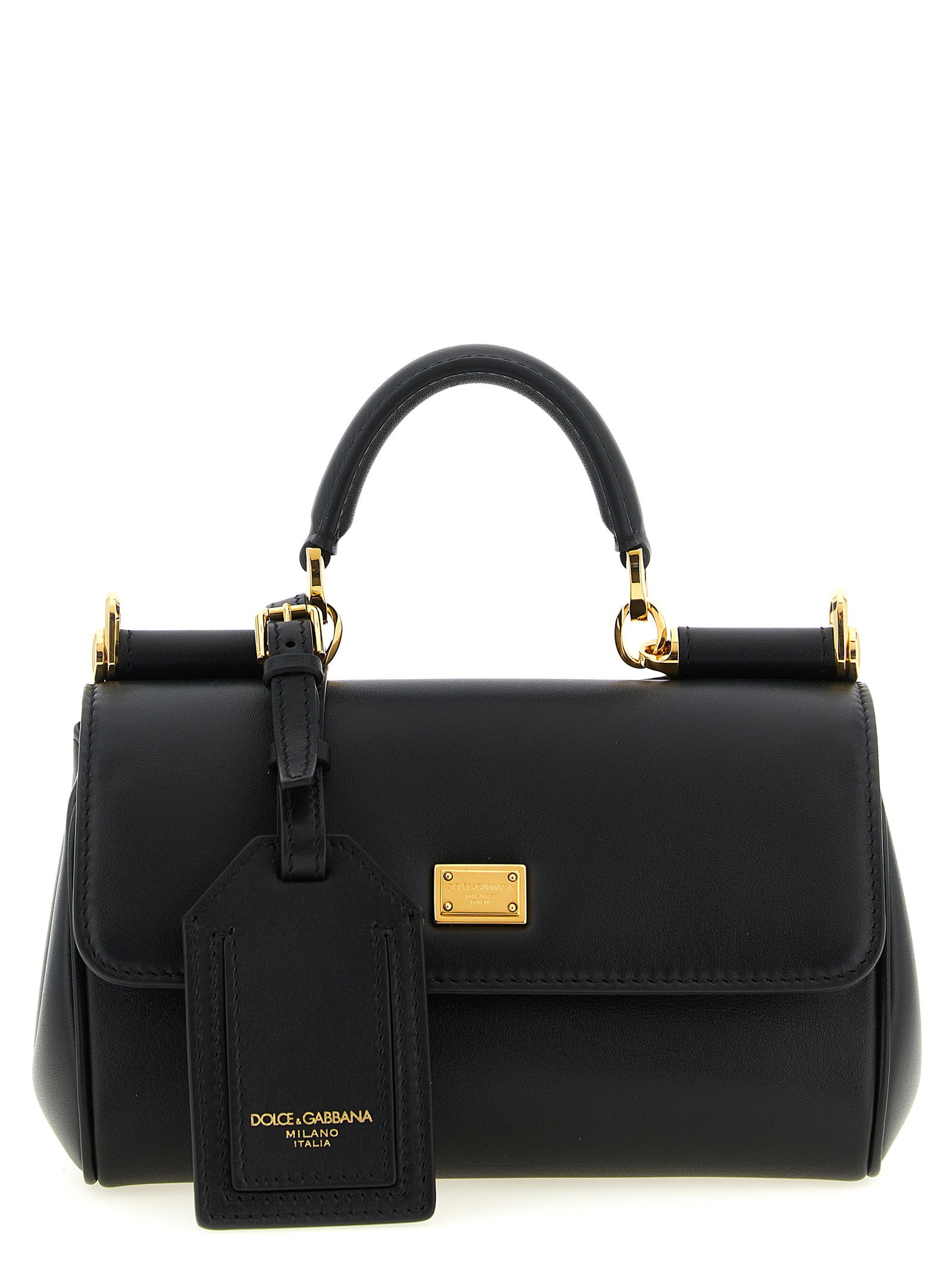 Sac à main Dolce & Gabbana en cuir de veau noir, élégance classique avec détails sophistiqués visible sur l'image.