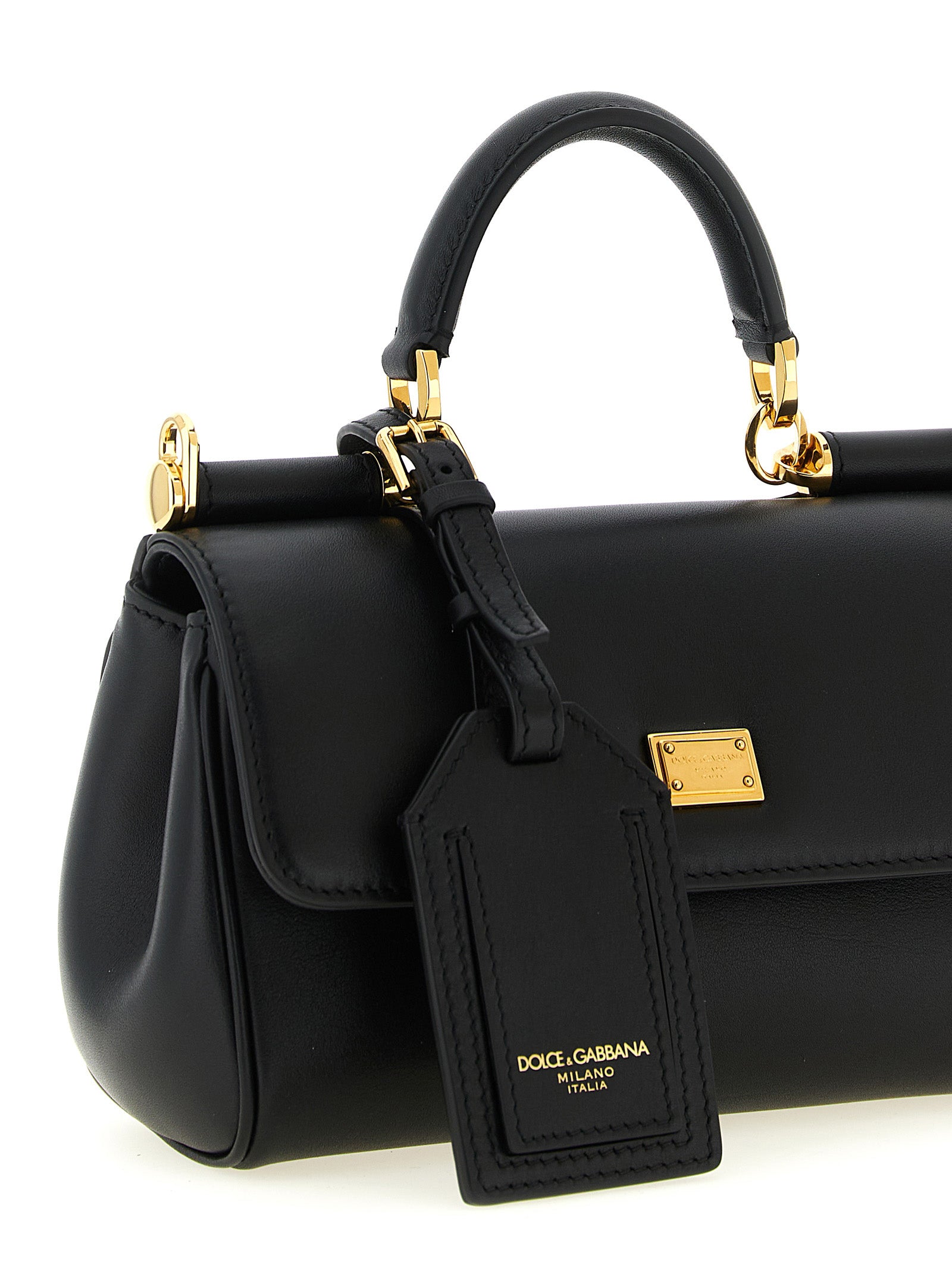 Sac à main en cuir de veau noir de Dolce & Gabbana, design élégant et sophistiqué, avec détails en or et logo de la marque.