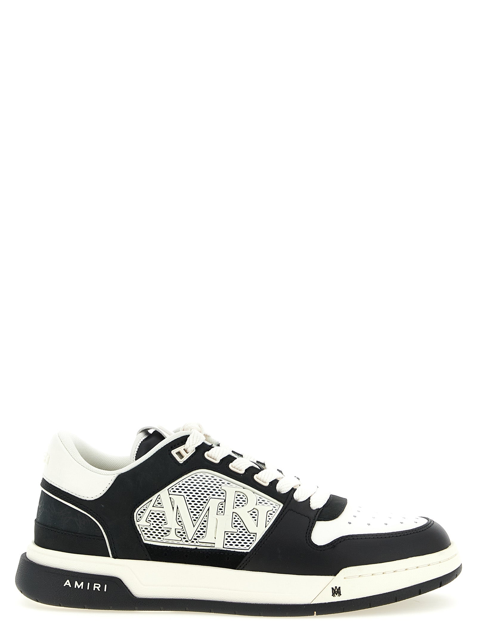 Chaussures basses Amiri en cuir bicolore pour homme, sneakers en daim et cuir avec semelle blanche.